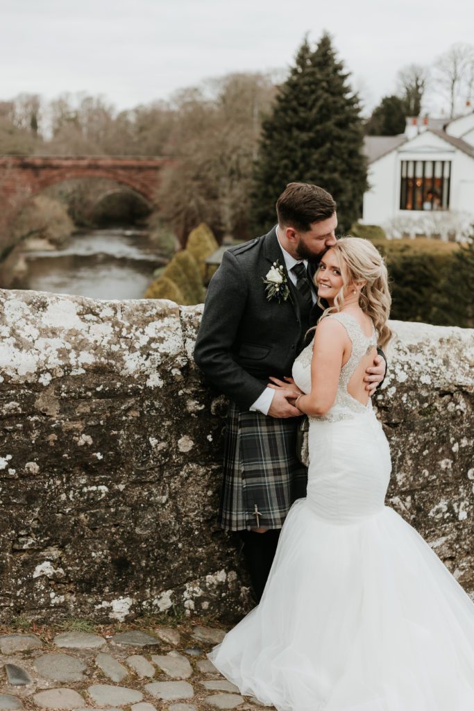 Brig O'Doon bride and groom on the bridge